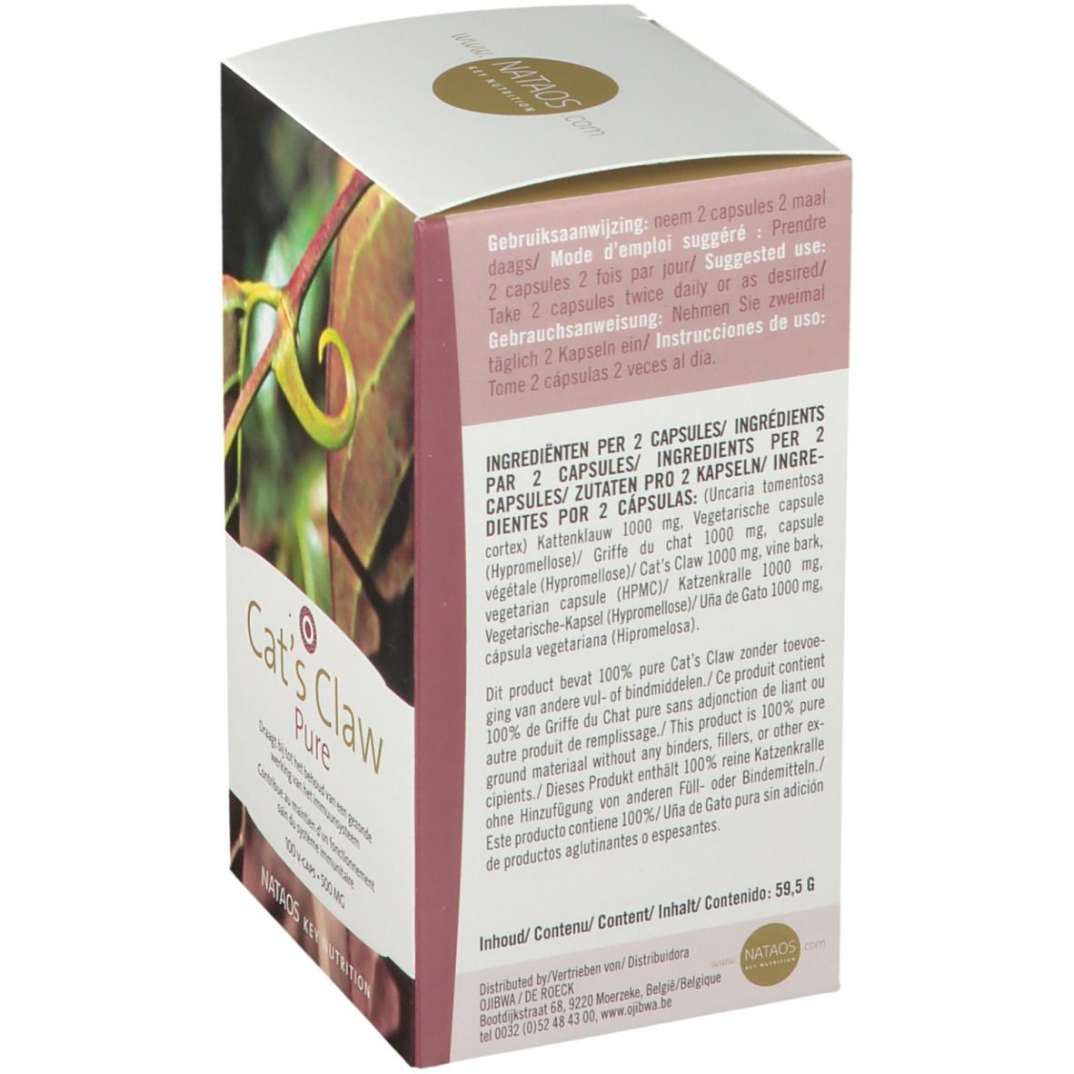 Dos de la boîte Cat's Claw Pure. Informations sur les ingrédients et l'utilisation. Nataos Key Nutrition.