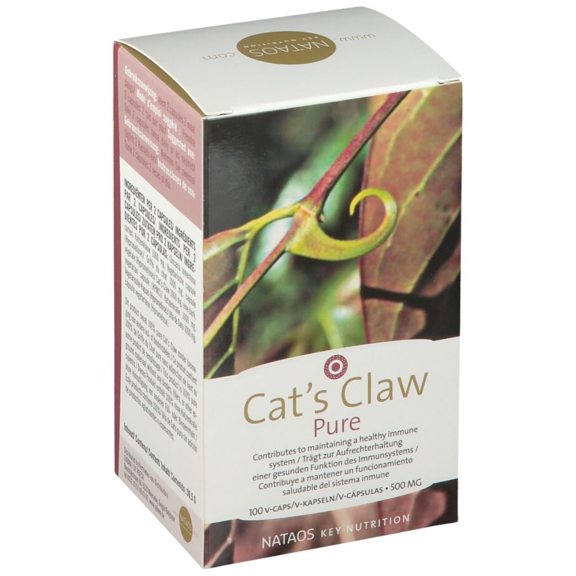 Boîte Cat's Claw Pure, 100 V-Caps, 500 mg. Nataos Key Nutrition. Illustration de feuilles. Texte multilingue.