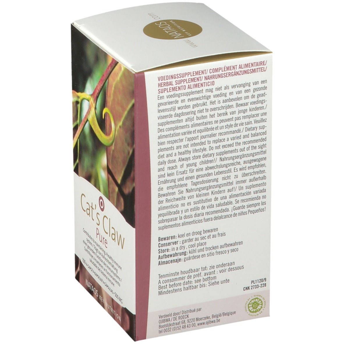 Boîte Cat's Claw Pure. Informations sur les compléments alimentaires. Nataos Key Nutrition. Texte multilingue.