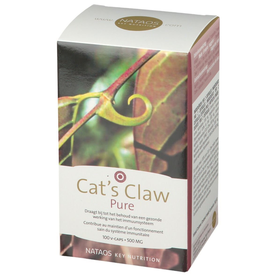Boîte Cat's Claw Pure, 100 V-Caps, 500 mg. Nataos Key Nutrition. Illustration de feuilles. Texte multilingue.