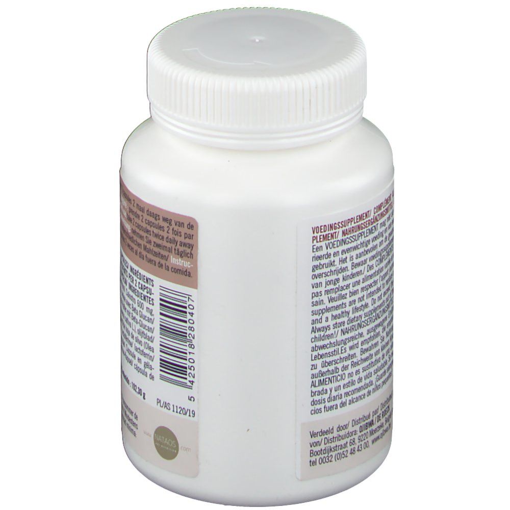 Weiße Flasche, Rückseite mit Etikett. Text: Nahrungsergänzungsmittel. Brauner Hintergrund mit weißem Fleckmuster. Barcode.