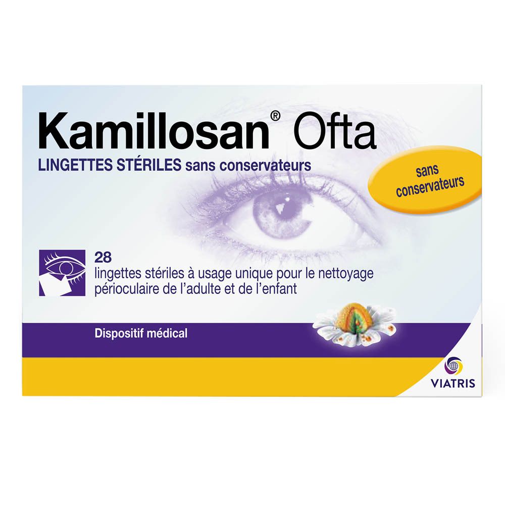 Boîte de compresses Kamillosan Ofta. 28 lingettes stériles pour le nettoyage oculaire. Sans conservateurs.