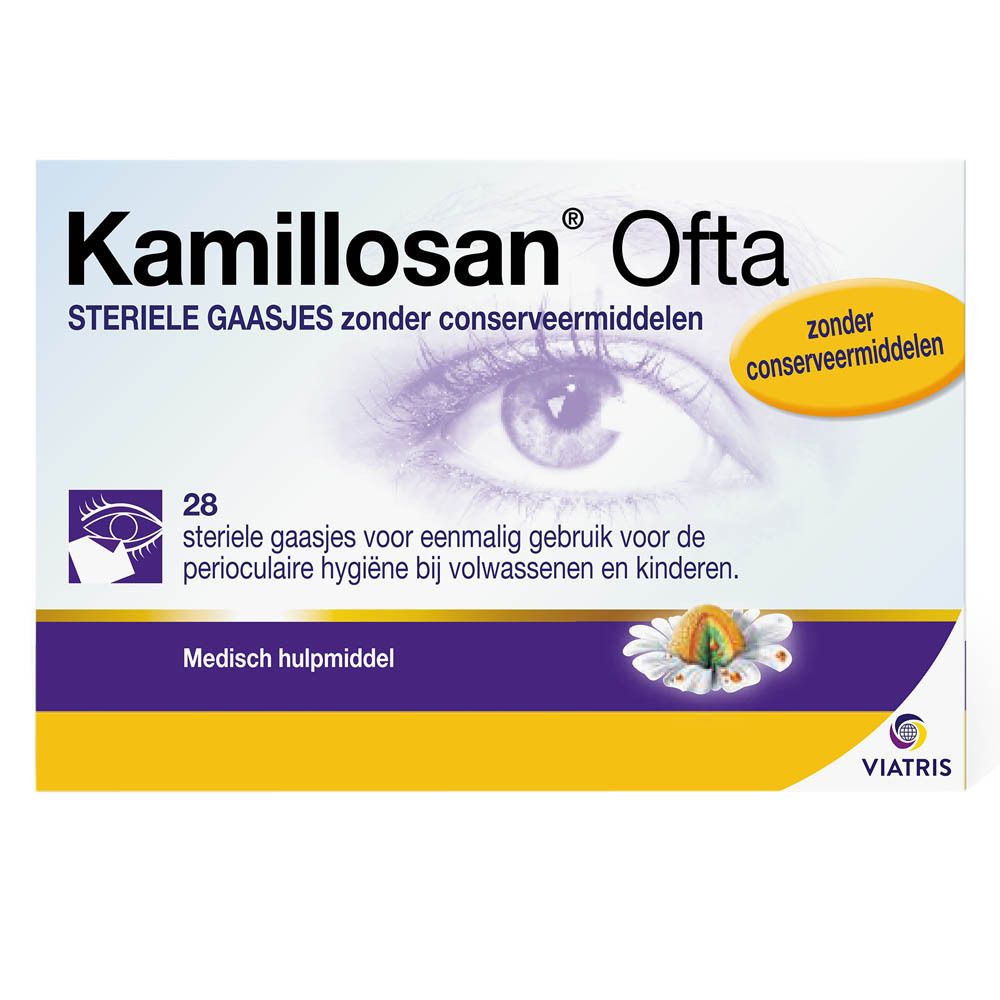 Kamillosan Ofta kompressen verpakking. 28 steriele doekjes voor oogreiniging. Zonder conserveermiddelen.
