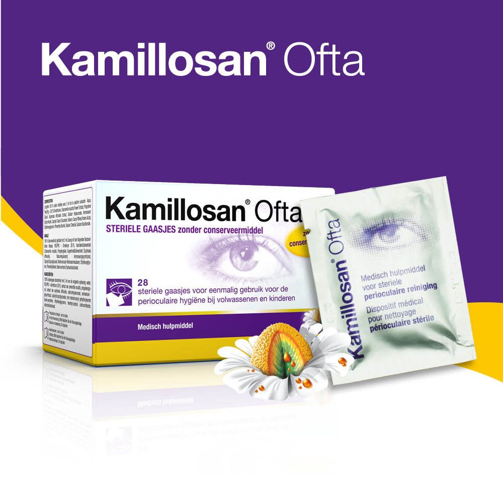 Kamillosan Ofta, boîte et sachet individuel. Compresses stériles sans conservateur. 28 pièces.