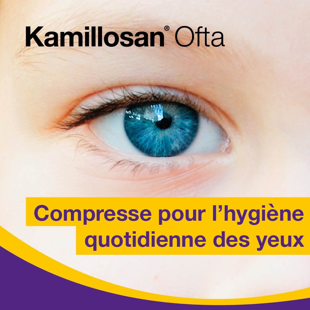 Oeil bleu. Texte jaune : Compresse pour l'hygiène quotidienne des yeux.
