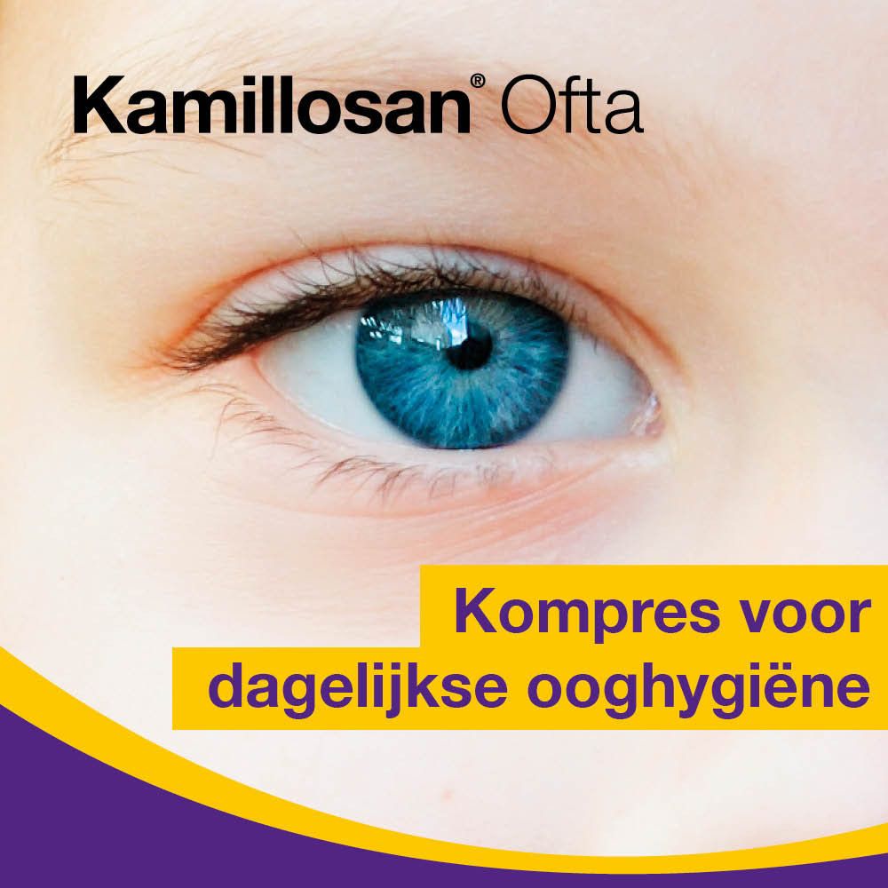 Blauw oog. Gele tekst: Kompres voor dagelijkse ooghygiëne.