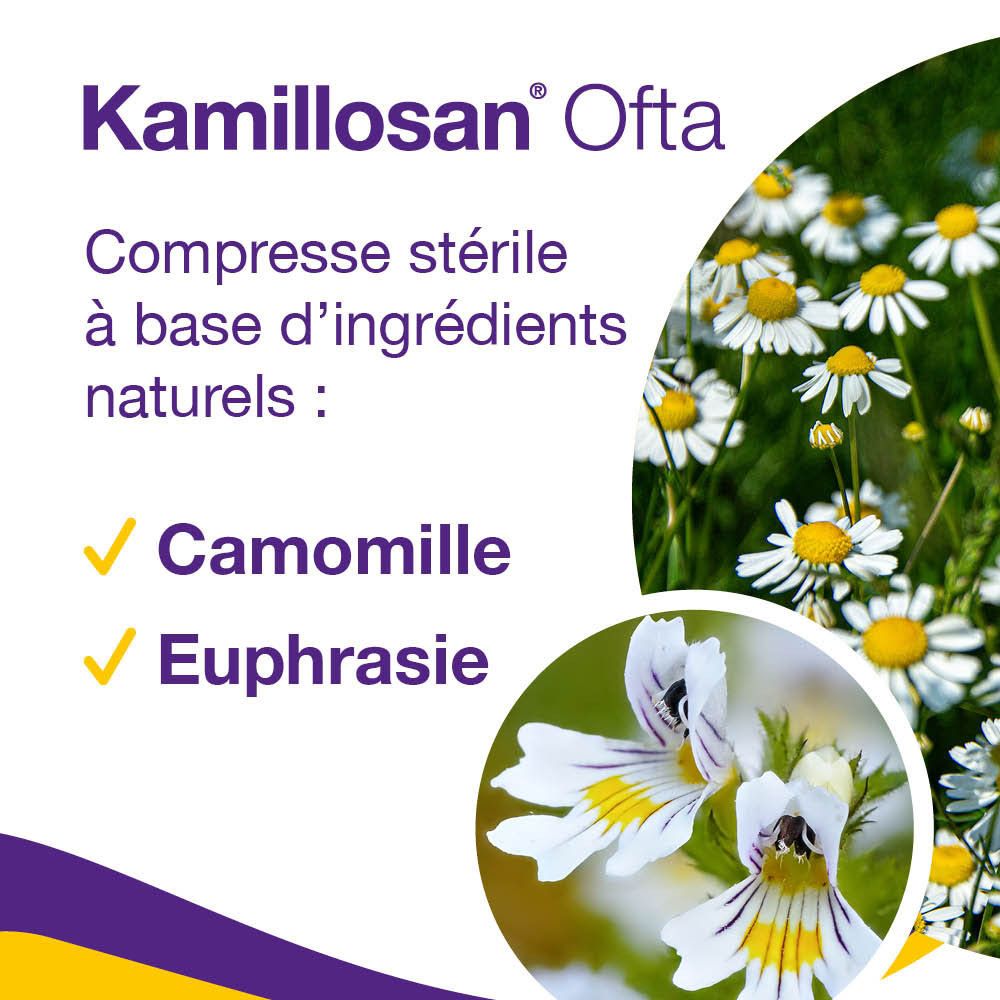 Kamillosan Ofta. Compresse stérile à base d'ingrédients naturels : Camomille, Euphraise.
