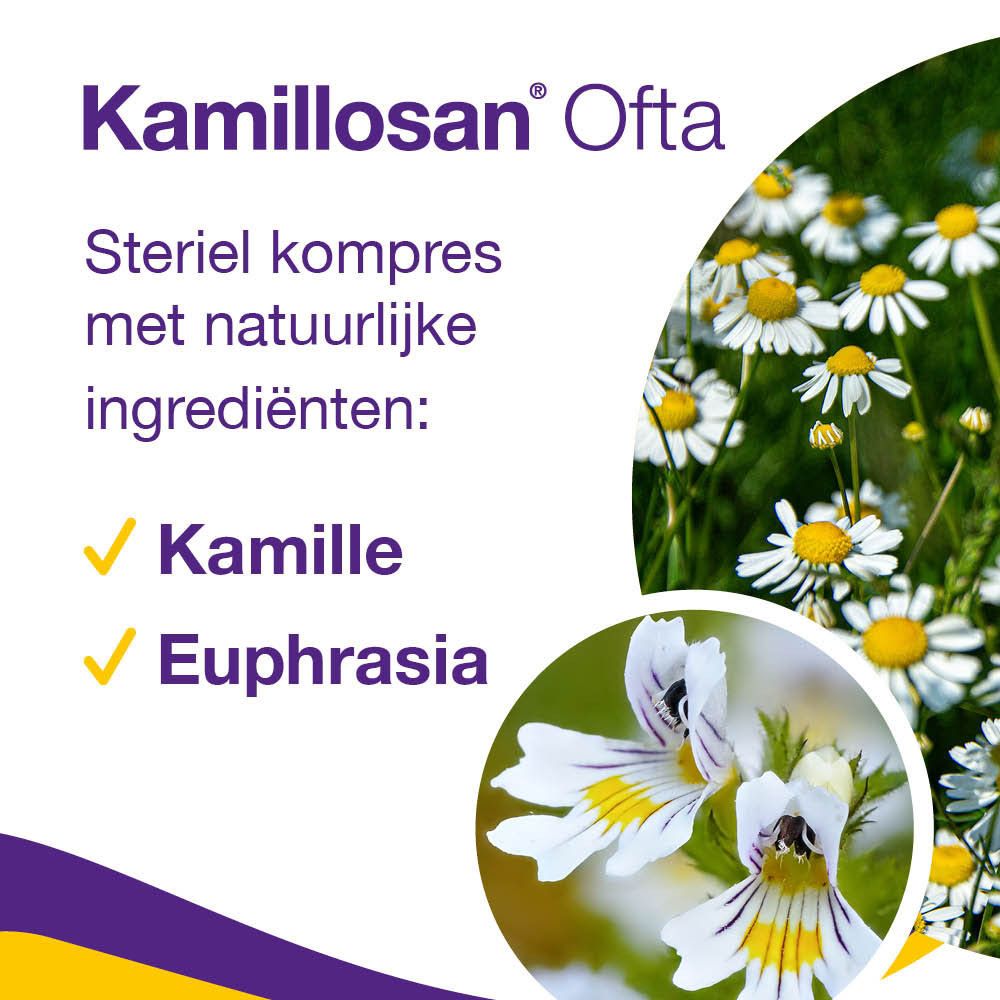 Kamillosan Ofta. Steriele kompres met natuurlijke ingrediënten: Kamille, Ogentroost.