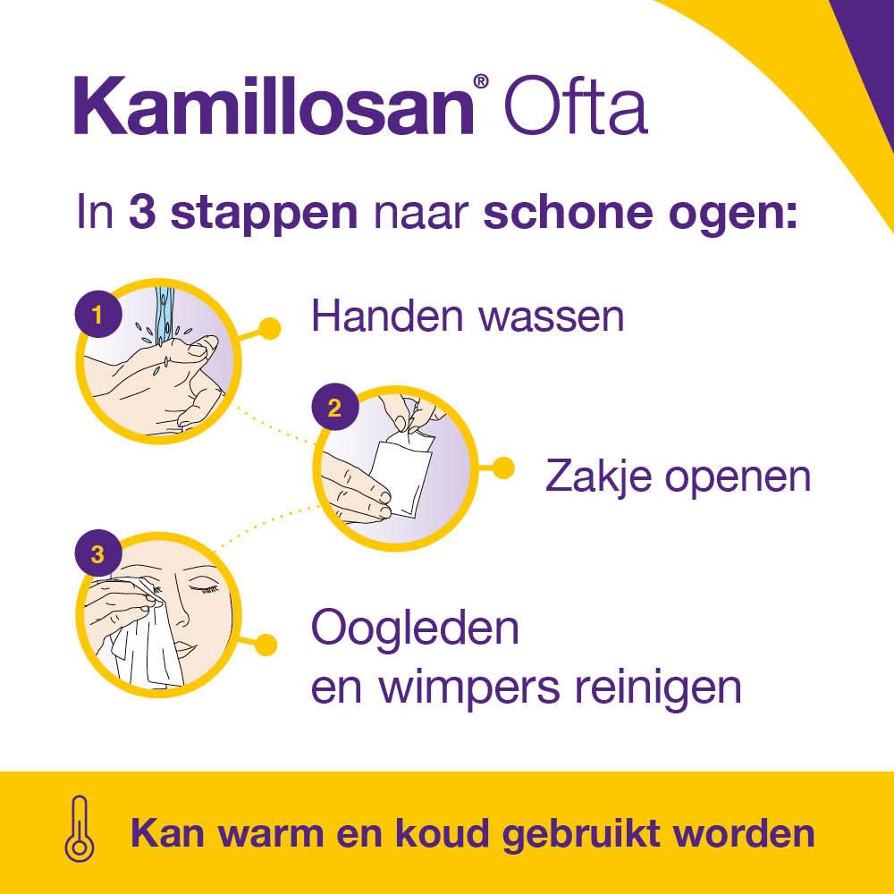 Kamillosan Ofta. 3 stappen voor schone ogen: Handen wassen, Zakje openen, Oogleden reinigen.