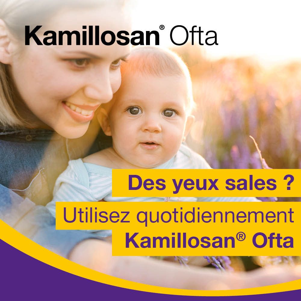 Mère et bébé. Texte jaune : Des yeux sales ? Utilisez quotidiennement Kamillosan Ofta.