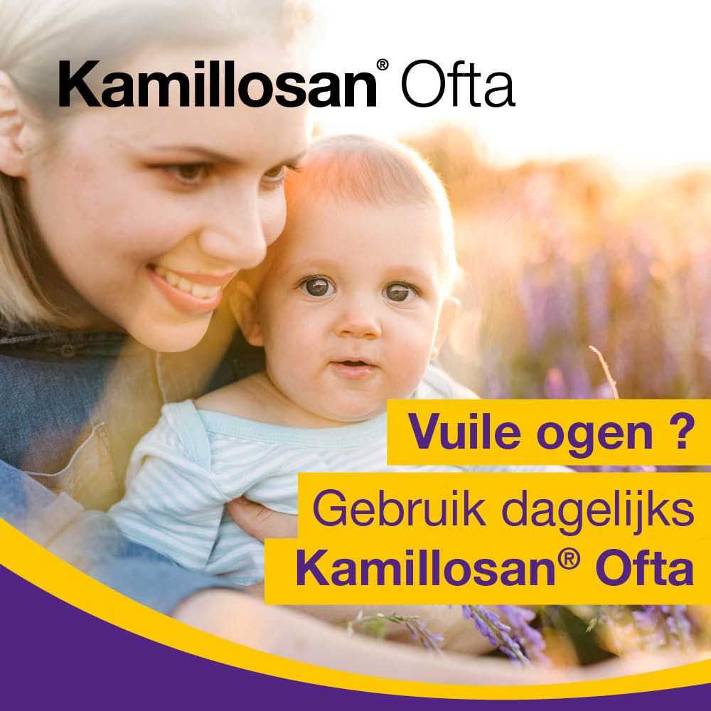 Moeder en baby. Gele tekst: Vuile ogen? Gebruik dagelijks Kamillosan Ofta.