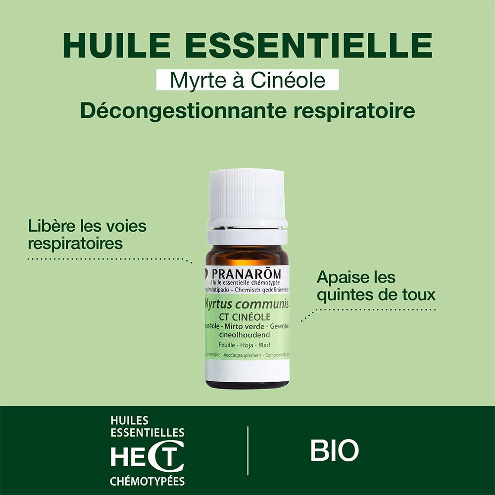 Werbebild für ätherisches Öl Myrte à cinéole. Text: Décongestionnante respiratoire. Bio-Zertifizierung.