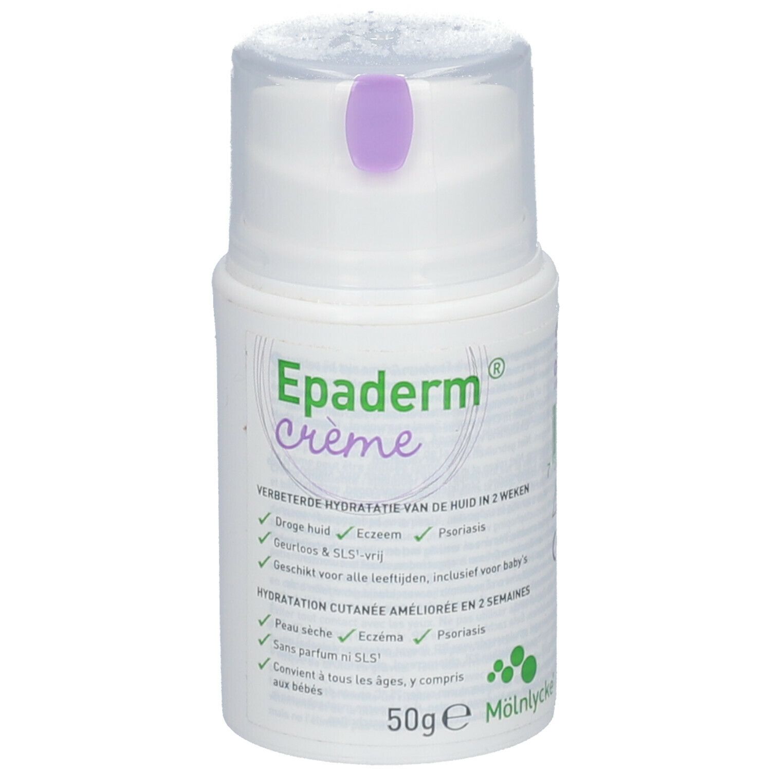 Distributeur de crème avec couvercle violet. Inscription: Epaderm crème. Indications pour peau sèche, eczéma et psoriasis.