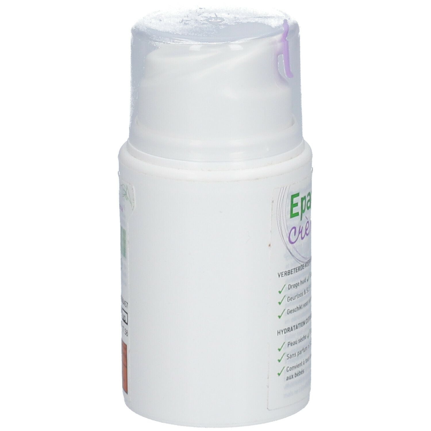 Distributeur de crème blanc. Texte partiel sur le côté. Couvercle violet.
