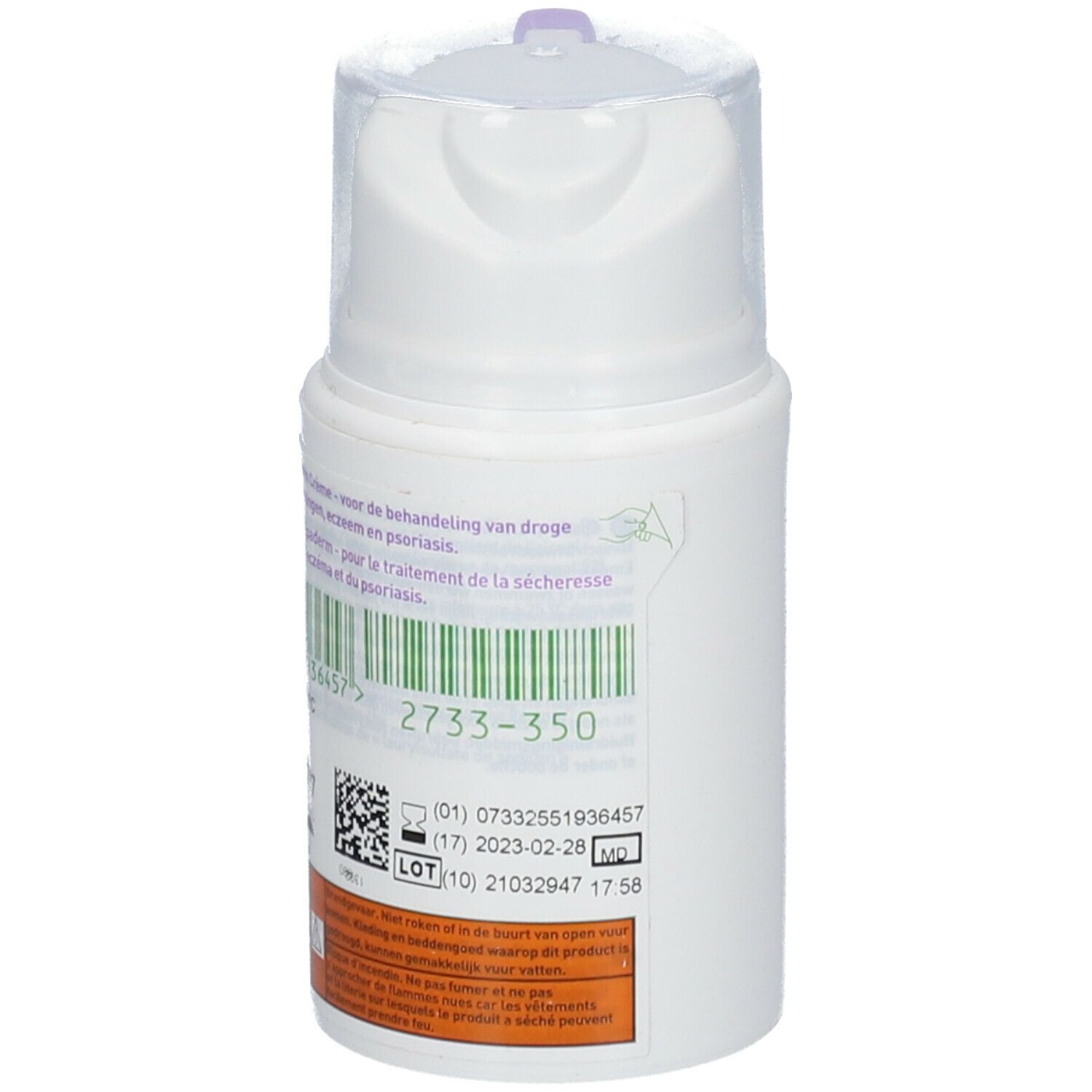 Distributeur de crème blanc. Code-barres, texte et numéro de lot au dos. Autocollant orange.
