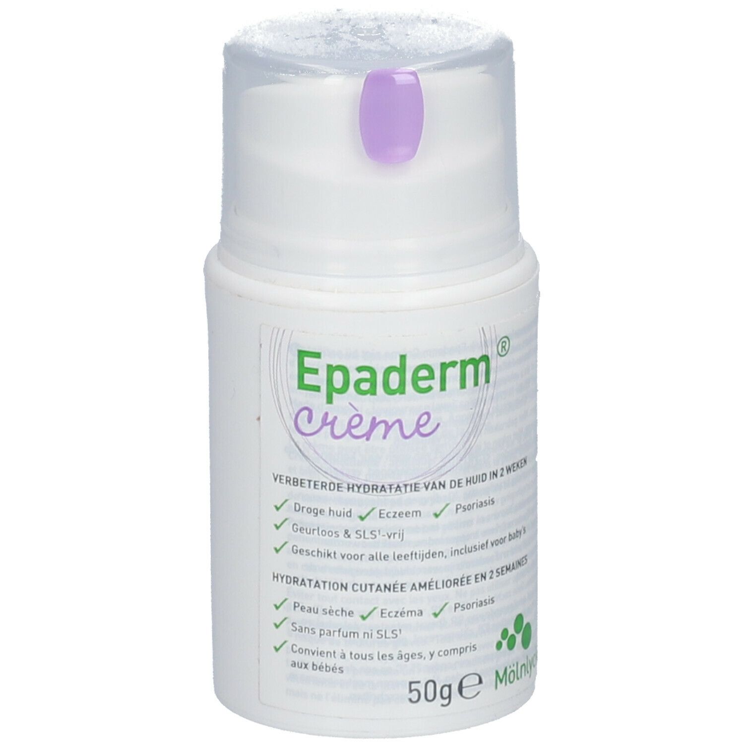Distributeur de crème avec couvercle violet. Inscription: Epaderm crème. Indications pour peau sèche, eczéma et psoriasis.