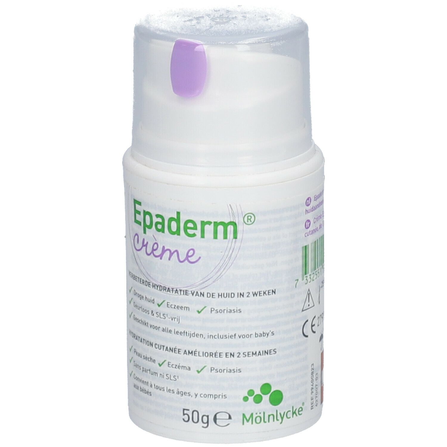 Distributeur de crème avec couvercle violet. Inscription: Epaderm crème. Indications pour peau sèche, eczéma et psoriasis.