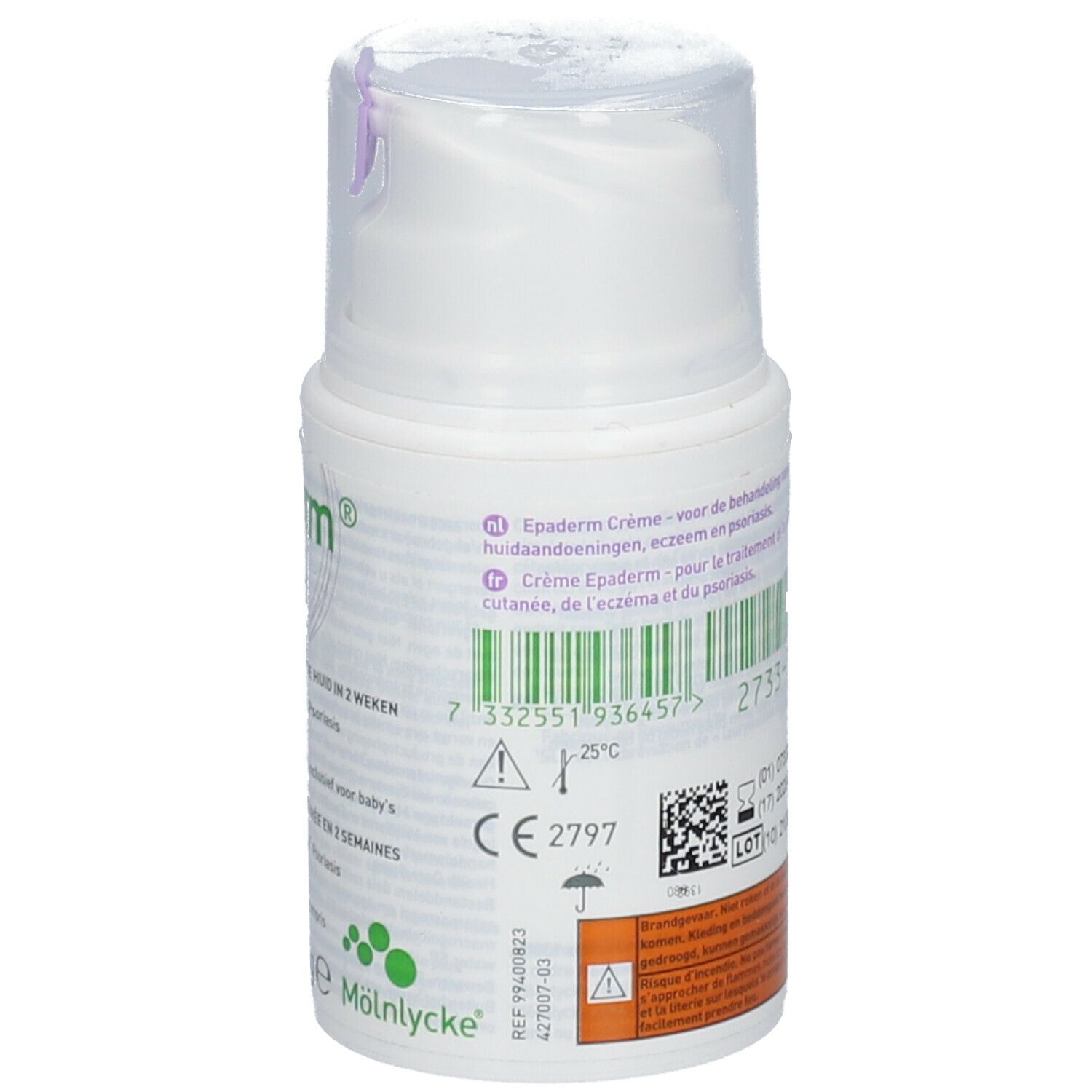 Distributeur de crème blanc. Dos avec texte, code-barres et numéro de lot. Couvercle violet.