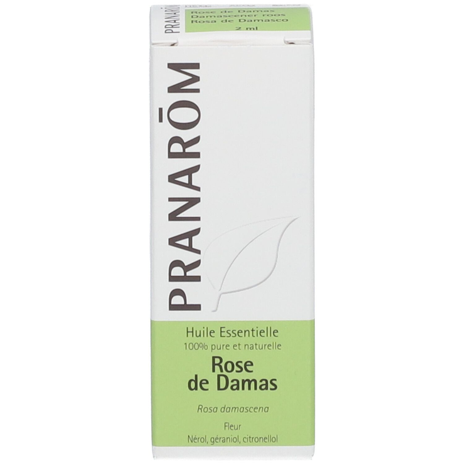 Boîte avec texte: PRANAROM, Rose de Damas, huile. Design vert et blanc.