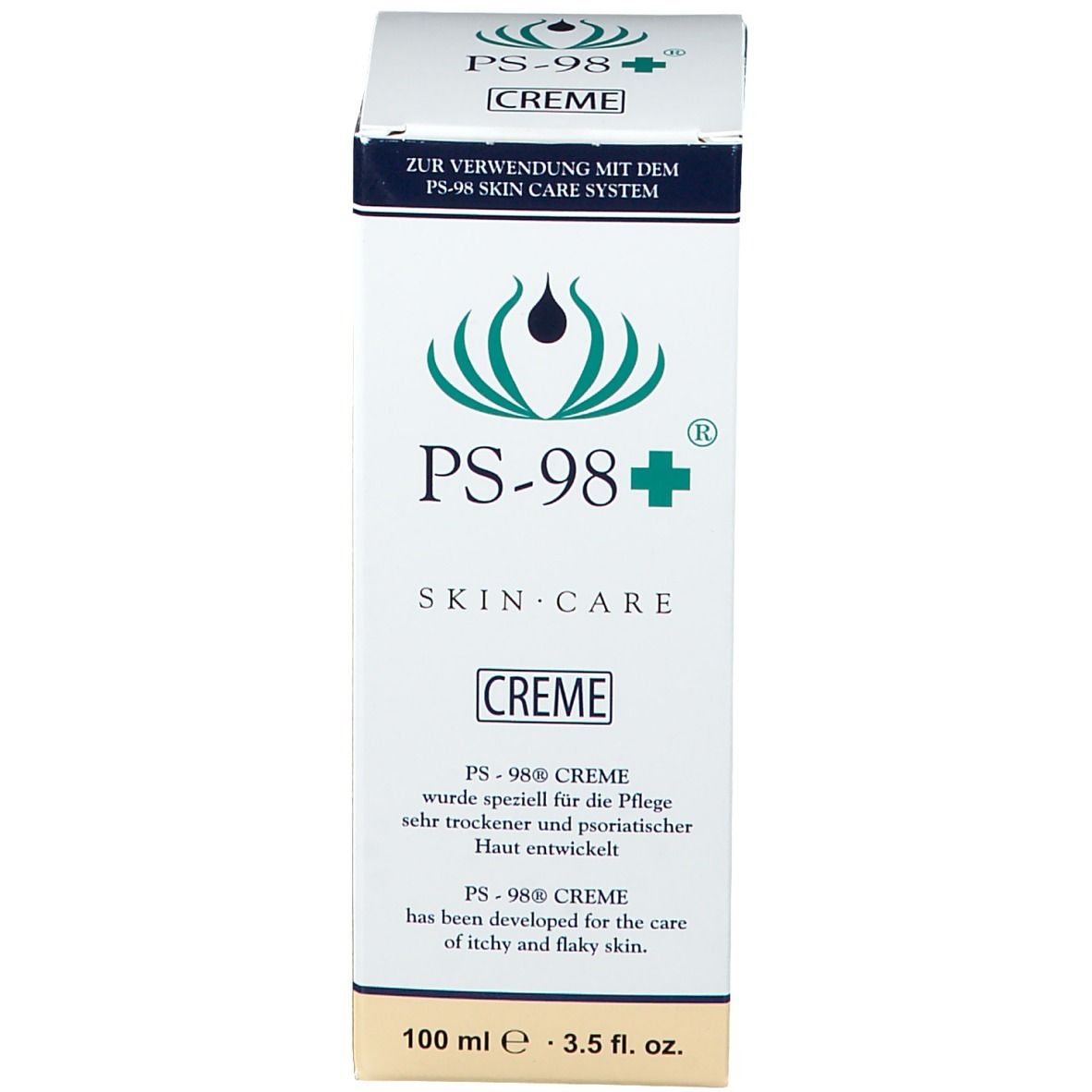 Verpackung von PS-98+ SKIN-CARE CREME. Enthält 100 ml. Text auf Deutsch.