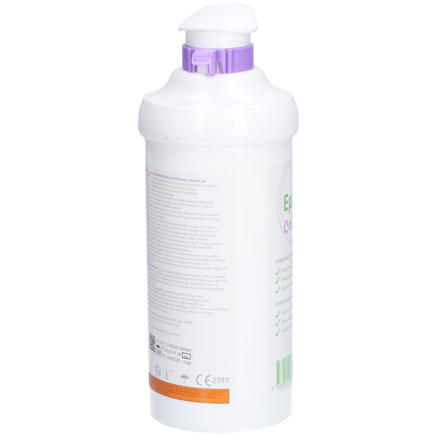 Flacon blanc Epaderm Crème avec pompe violette. Dos avec texte et marquage CE.