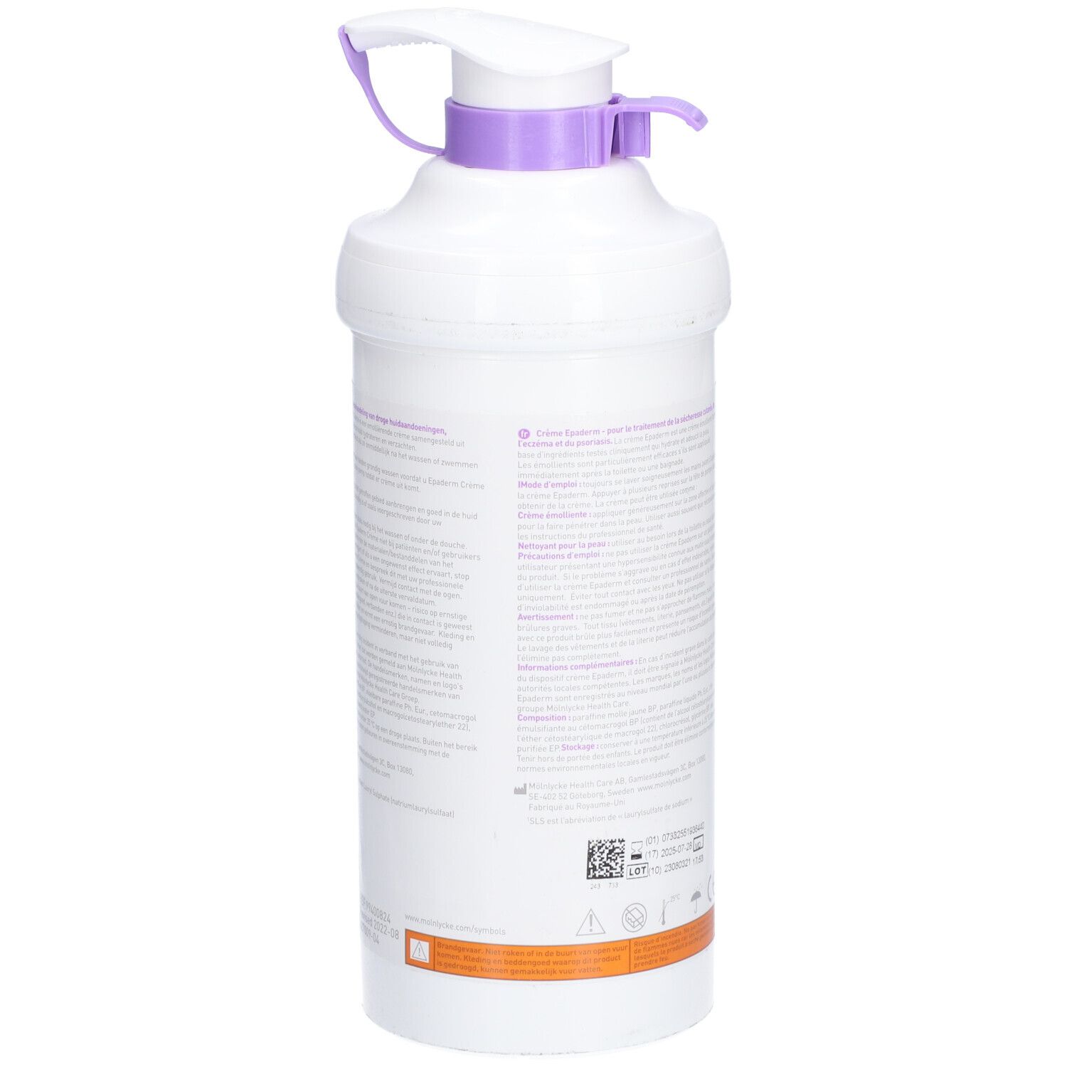 Flacon blanc Epaderm Crème avec pompe violette. Dos avec texte et marquage CE.