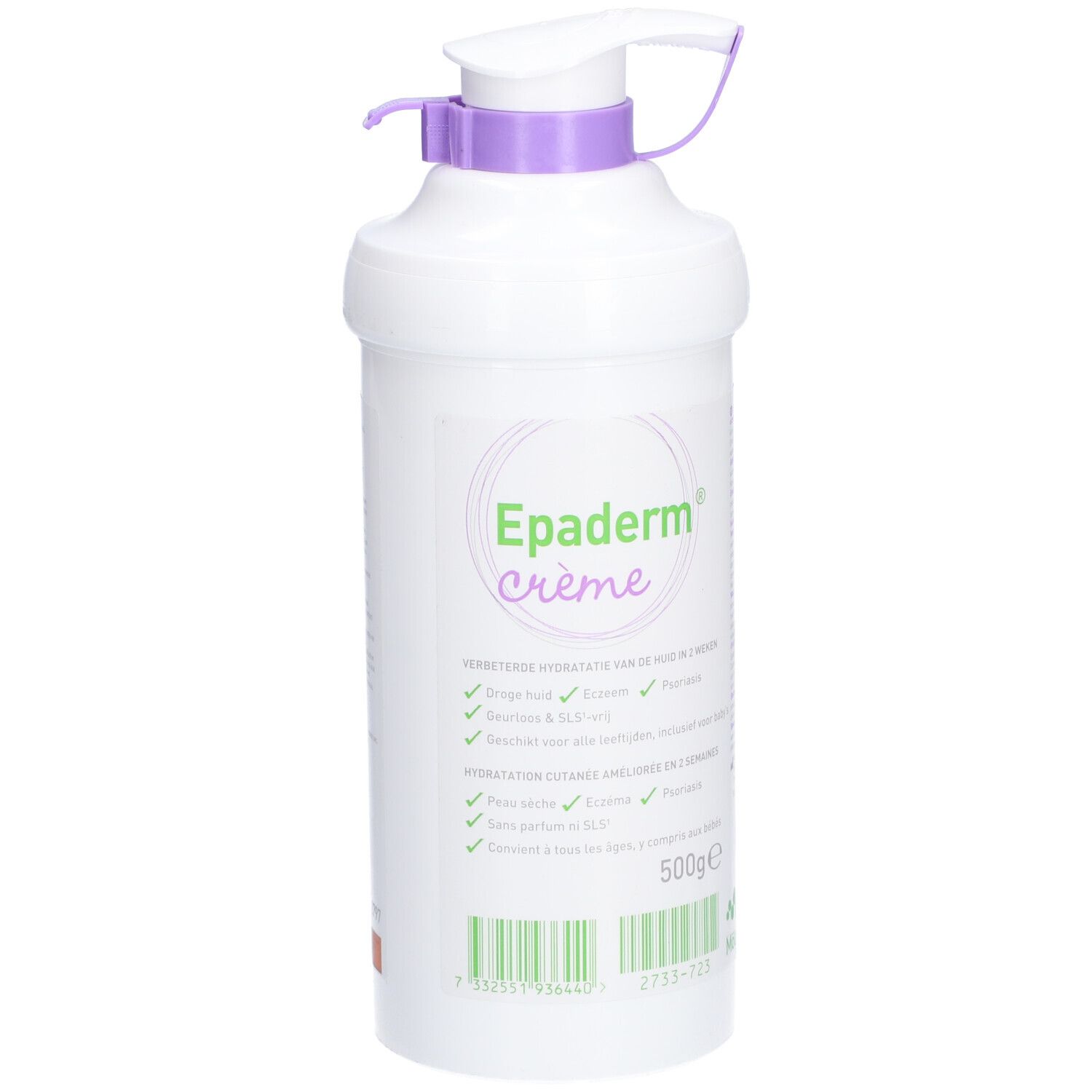Flacon blanc Epaderm Crème avec pompe violette. Inscription: Epaderm Crème, 500g. Détails verts et violets.