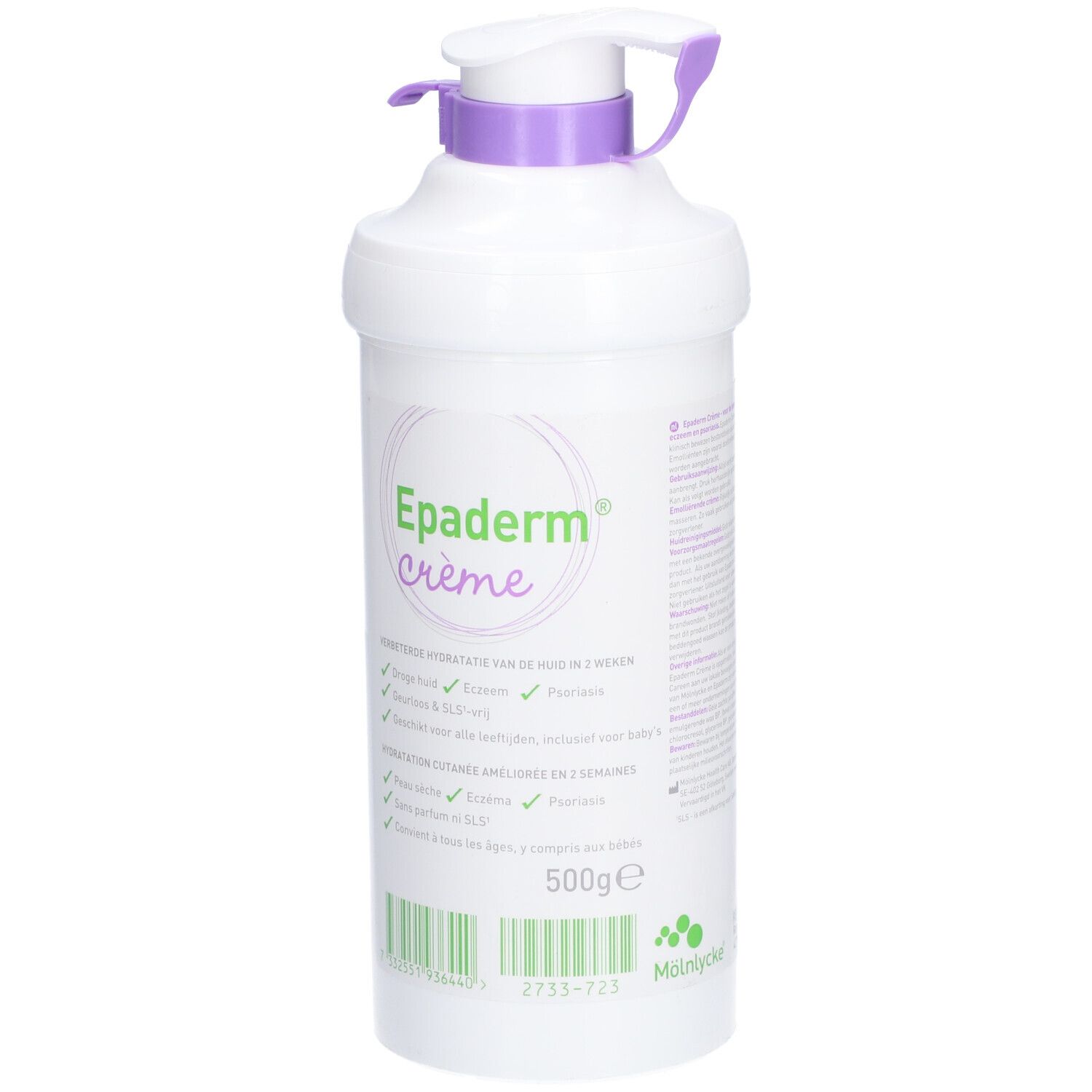 Flacon blanc Epaderm Crème avec pompe violette. Inscription: Epaderm Crème, 500g. Détails verts et violets.