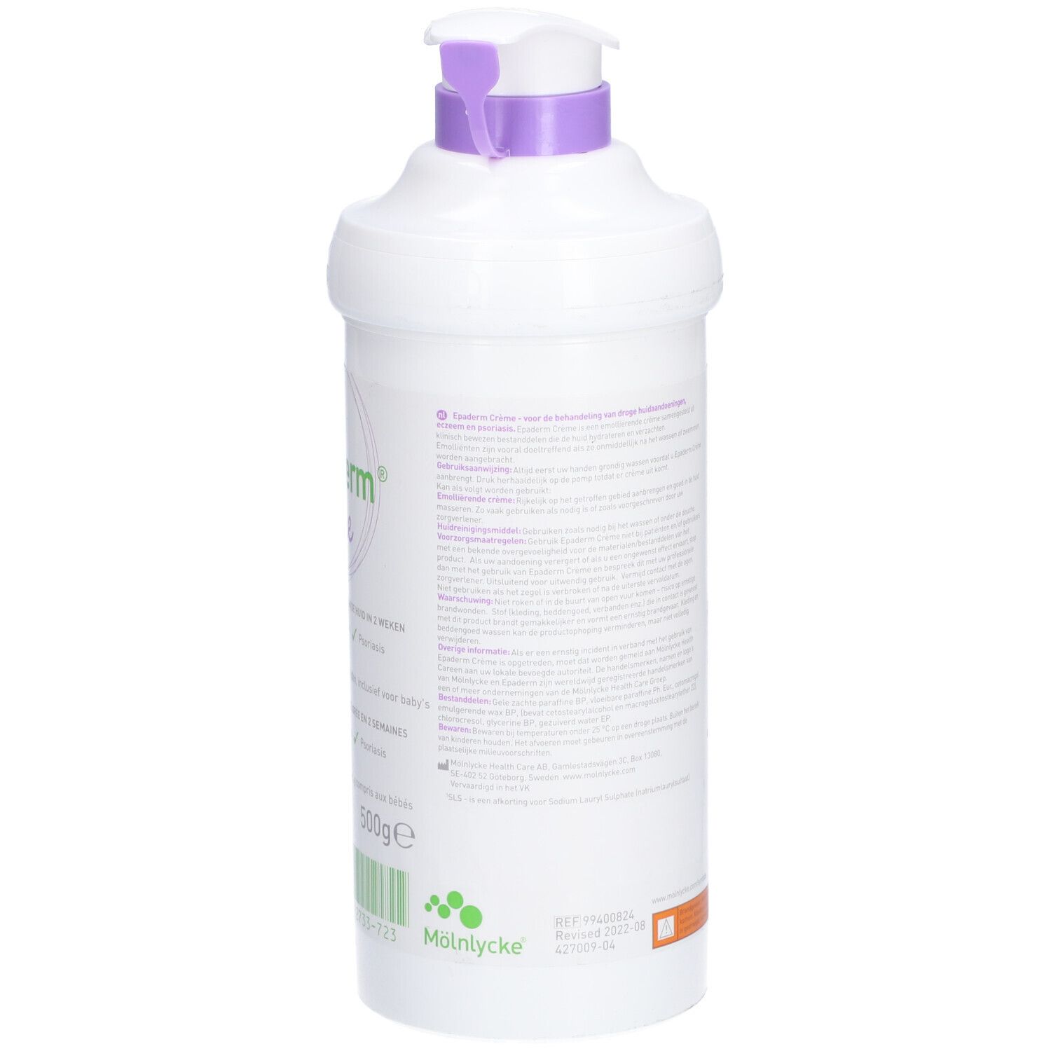 Flacon blanc Epaderm Crème avec pompe violette. Dos avec texte et marquage CE.