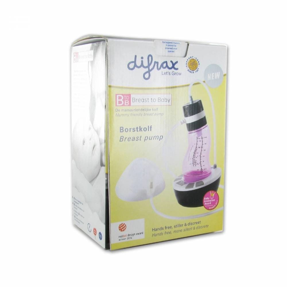 Boîte de tire-lait difrax. Comprend une pompe, un biberon et des accessoires. Point rouge avec texte. Label "Breast to Baby".
