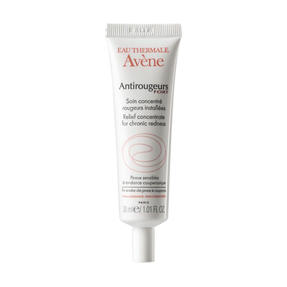 Witte tube met rode tekst. Bevat 'Antirougeurs FORT'. Tekst: 'Relief concentrate for chronic redness'.