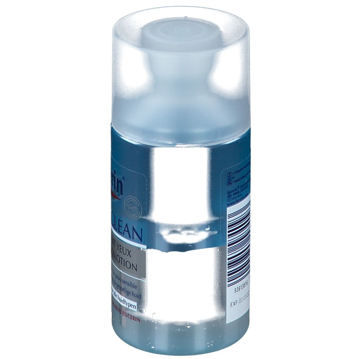 Cilindrische fles met blauw etiket. Eucerin DermatoCLEAN oogreinigingslotion. Transparante dop. Barcode.