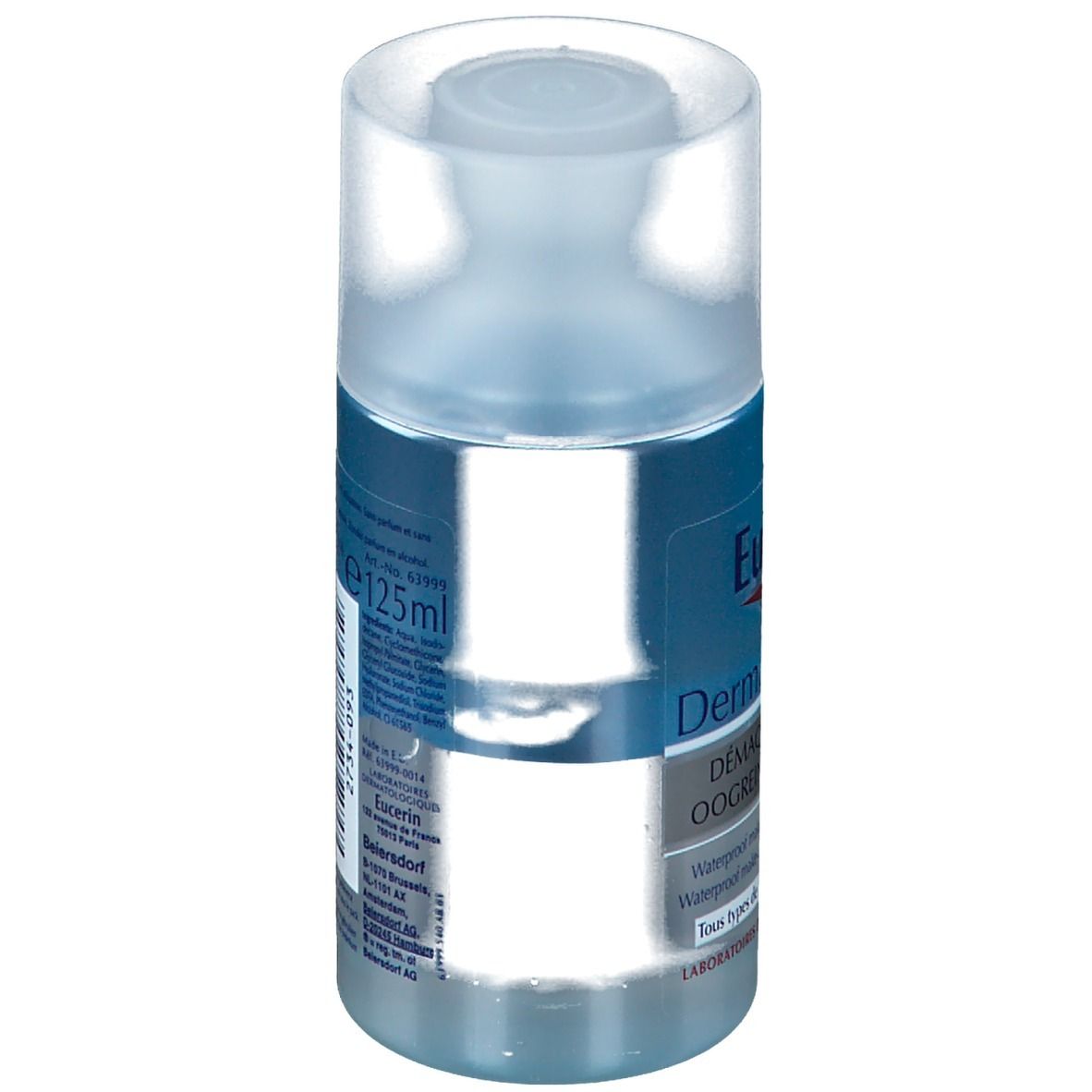 Cilindrische fles met blauw etiket. Eucerin DermatoCLEAN oogreinigingslotion. Transparante dop. 125ml.