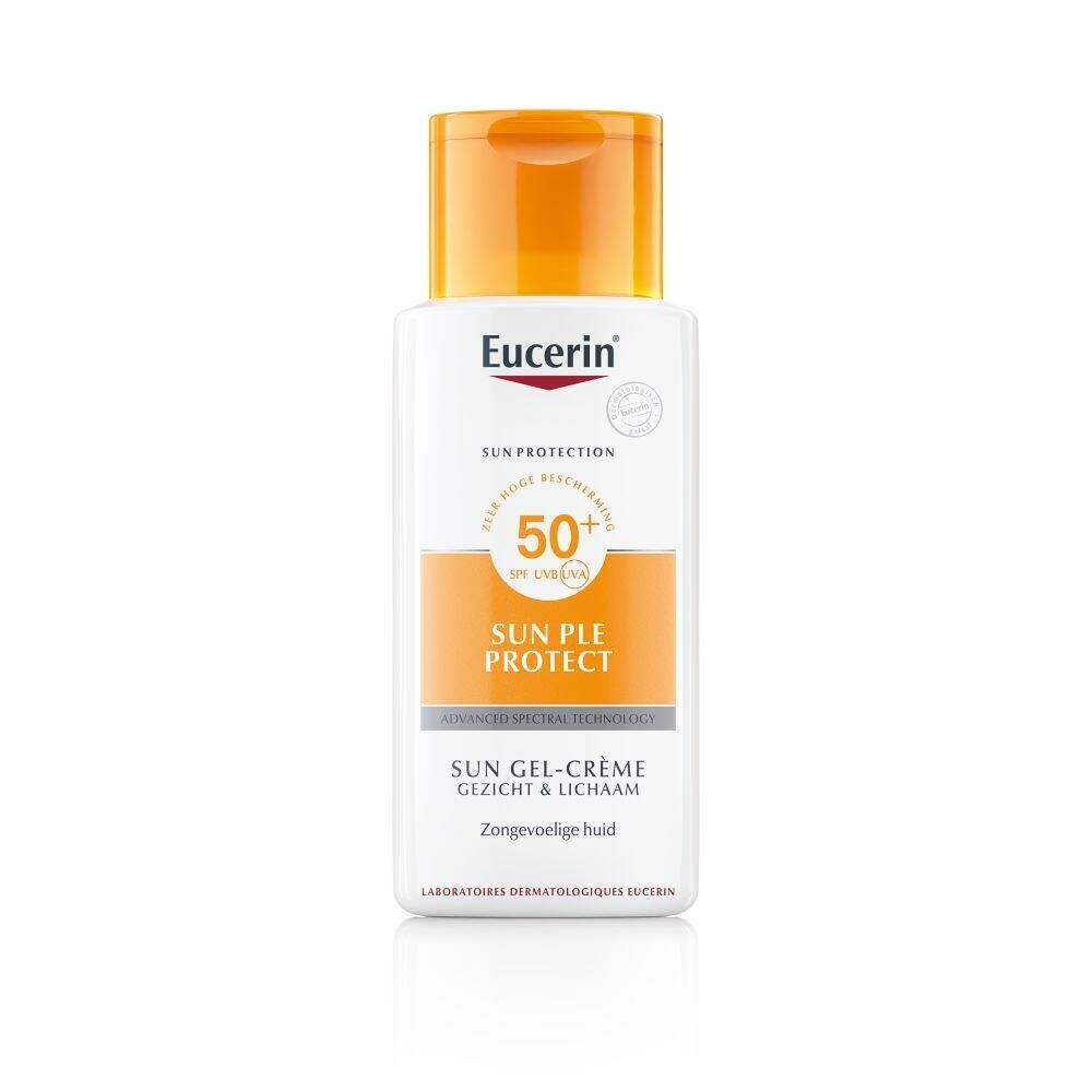 Eucerin Sun LEB Protect Gel-Crème SPF 50+ fles. Wit, oranje dop. Tekst.
