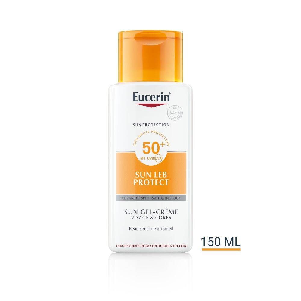 Flacon Eucerin Sun LEB Protect Gel-Crème LSF 50+. 150 ml. Blanc, bouchon orange.