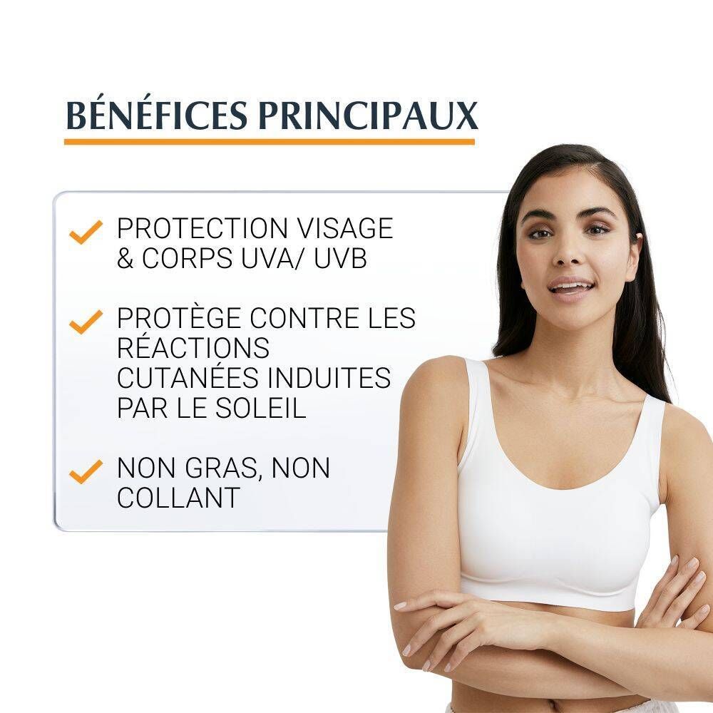 Femme en débardeur blanc. Avantages: protection UVA/UVB, réactions cutanées, non gras.