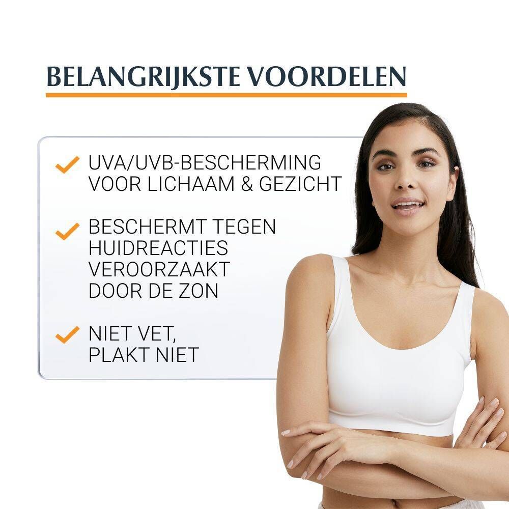 Vrouw in witte top. Voordelen: UVA/UVB-bescherming, huidreacties, niet vet.