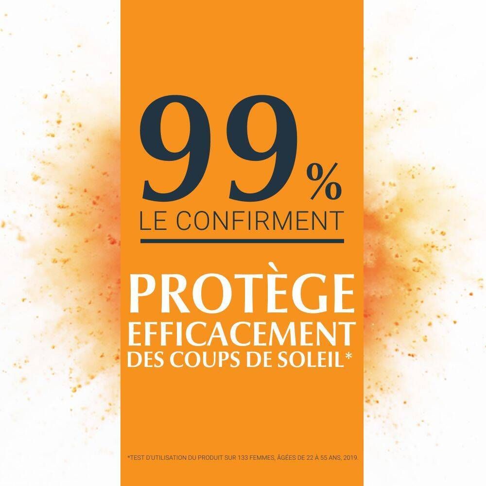 Fond orange. Texte: 99% confirment, protège efficacement des coups de soleil.