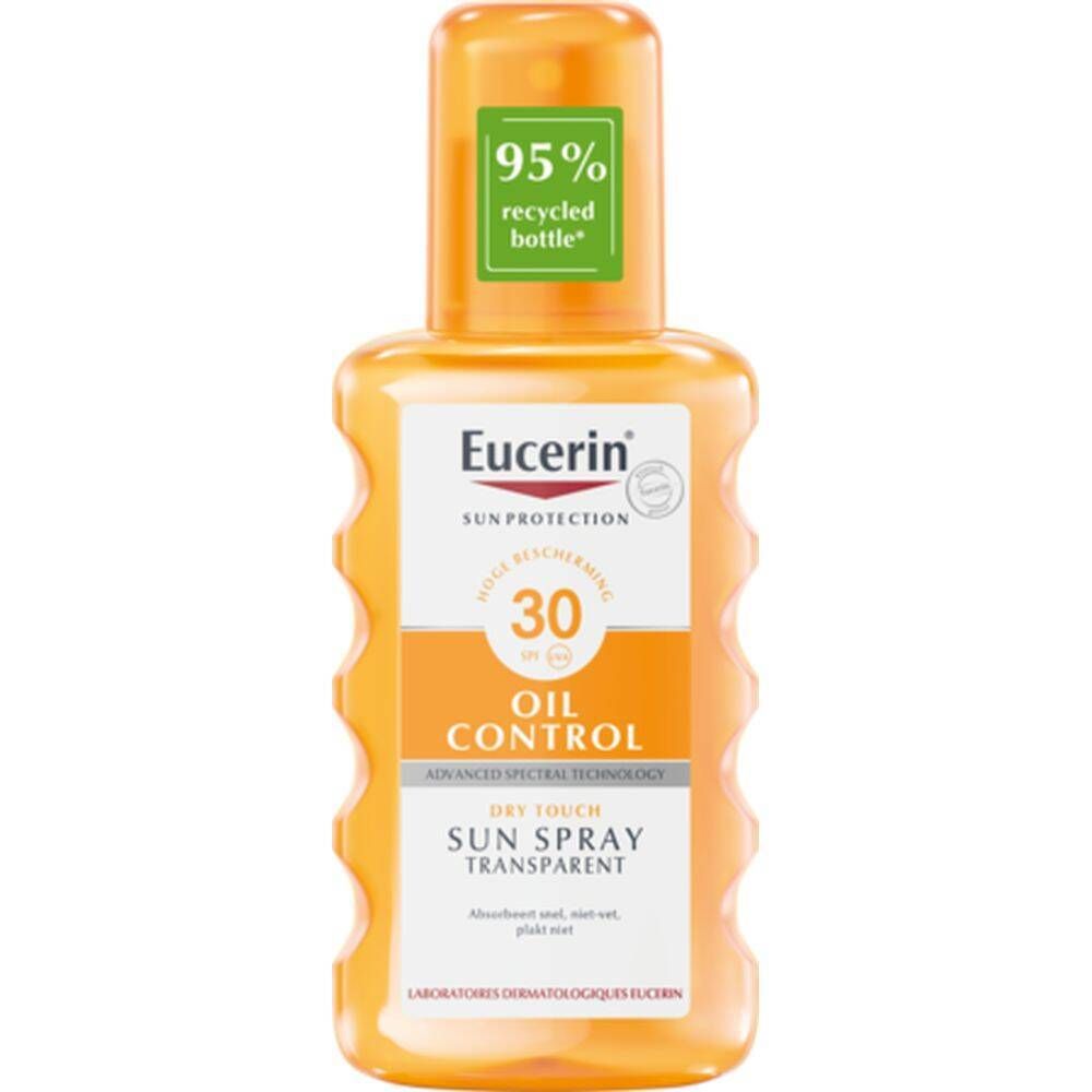 Eucerin Sun Spray Transparent LSF 30. Oranje fles met spraykop. 95% gerecyclede fles. Olie controle.