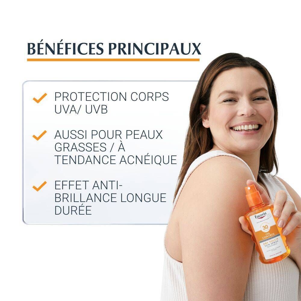 Femme tenant Eucerin Sun Spray. Avantages: protection UVA/UVB, peaux grasses/à tendance acnéique, effet anti-brillance.