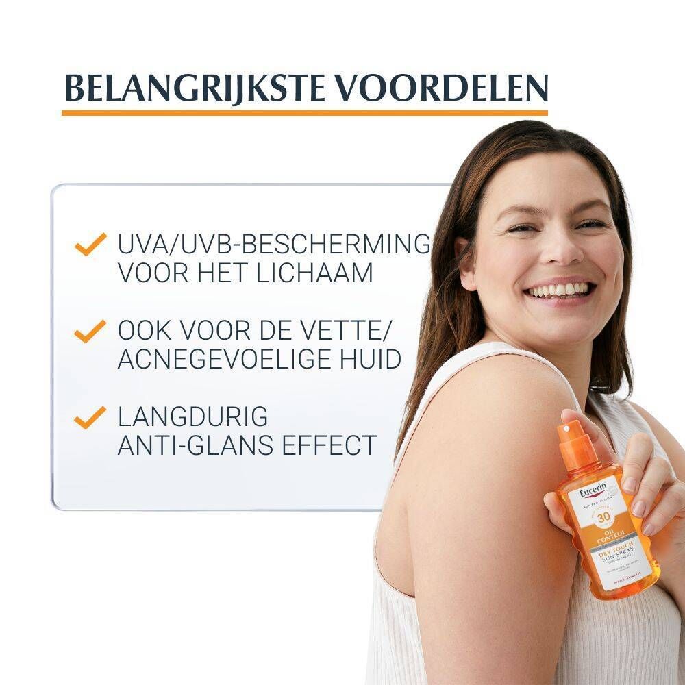 Vrouw houdt Eucerin Sun Spray vast. Voordelen: UVA/UVB-bescherming, ook voor vette/acnegevoelige huid, anti-glans effect.
