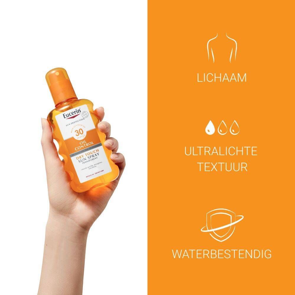 Hand houdt Eucerin Sun Spray vast. Eigenschappen: lichaam, ultralichte textuur, waterbestendig.