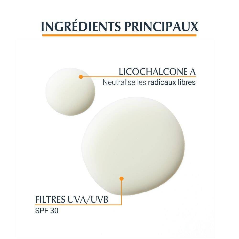 Ingrédients: Licochalcone A, neutralise les radicaux libres. Filtres UVA/UVB, SPF 30.