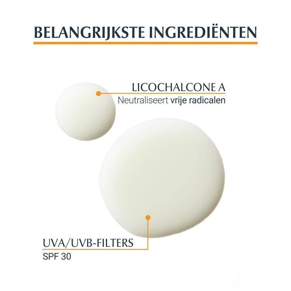 Ingrediënten: Licochalcone A, neutraliseert vrije radicalen. UVA/UVB-filters, SPF 30.