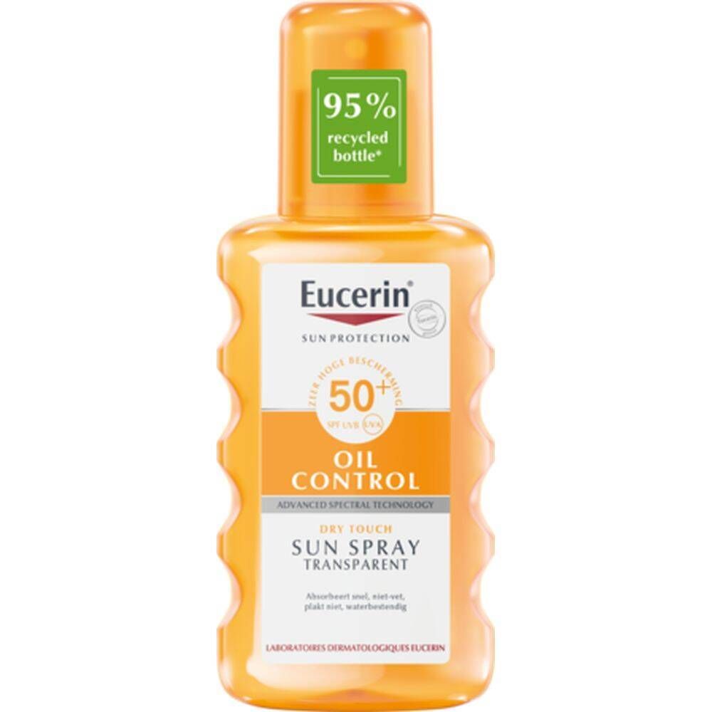 Eucerin Sun Spray Transparent LSF 50. Oranje fles met groen label: 95% gerecyclede fles.
