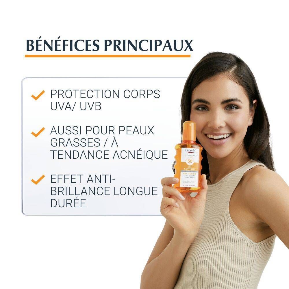 Femme tenant Eucerin Sun Spray Transparent. Texte : Bénéfices principaux : protection UVA/UVB, peaux grasses/à tendance acnéique, effet anti-brillance.
