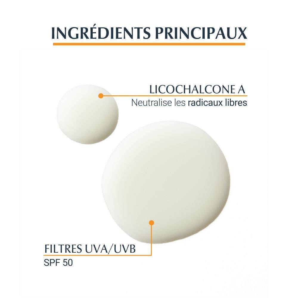 Gros plan sur des gouttes blanches. Texte : Ingrédients principaux : Licochalcone A, filtres UVA/UVB SPF 50.