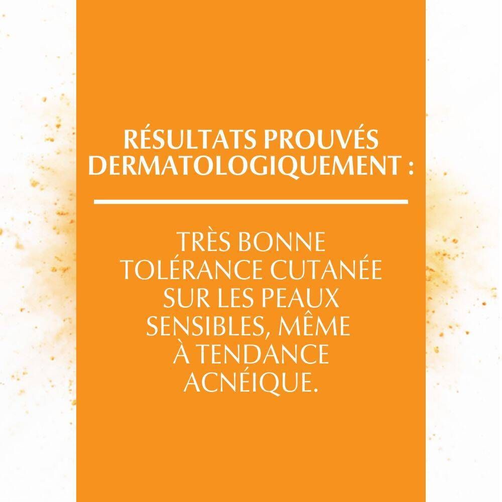 Texte sur fond orange : Résultats prouvés dermatologiquement : Très bonne tolérance cutanée, même acnéique.