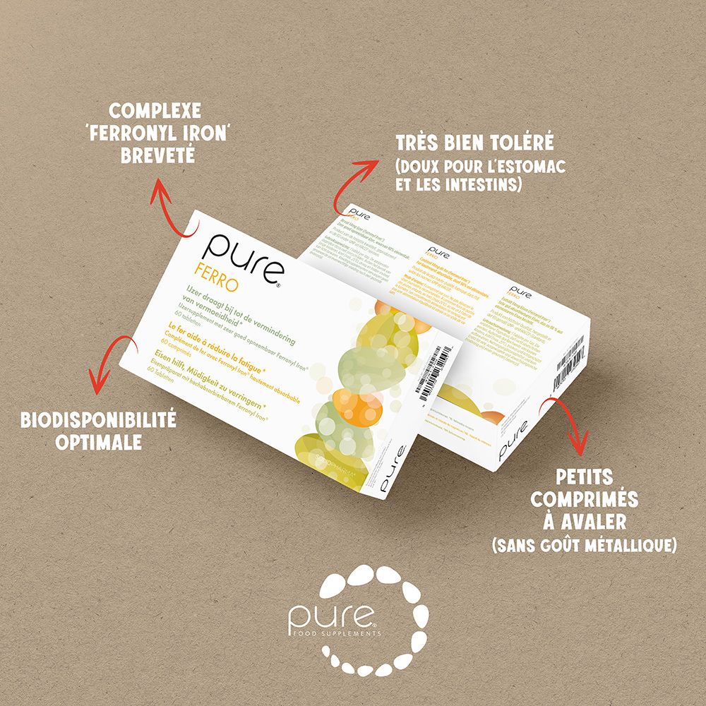 Boîte blanche avec logo "pure ferro" et texte. 60 comprimés. Illustration jaune-vert.