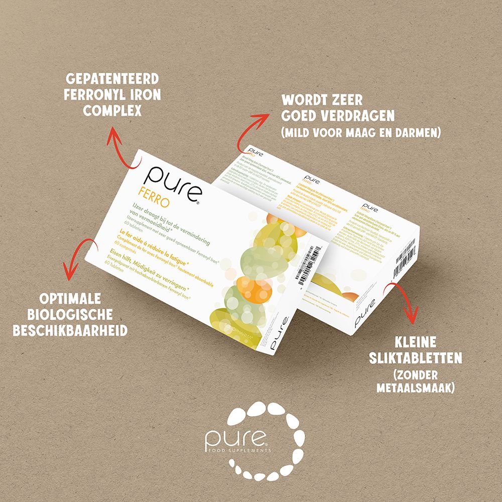 Witte doos met "pure ferro" logo en tekst. 60 tabletten. Geel-groene illustratie.